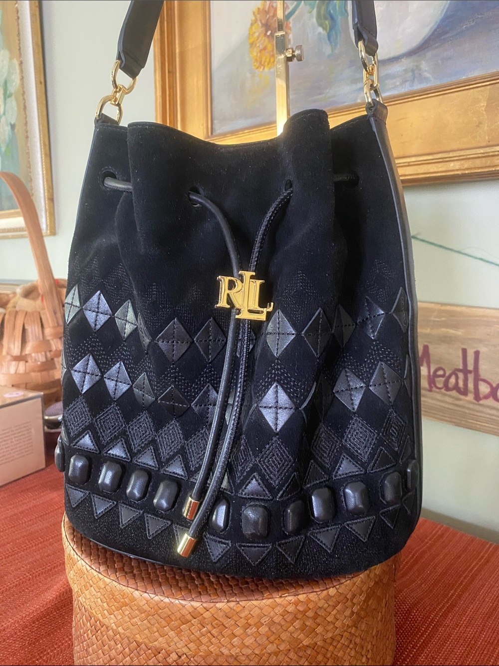 Lauren Ralph Lauren Fair Isle Black Suede Andie Drawstring Bucket Bag - Picture 2 of 16